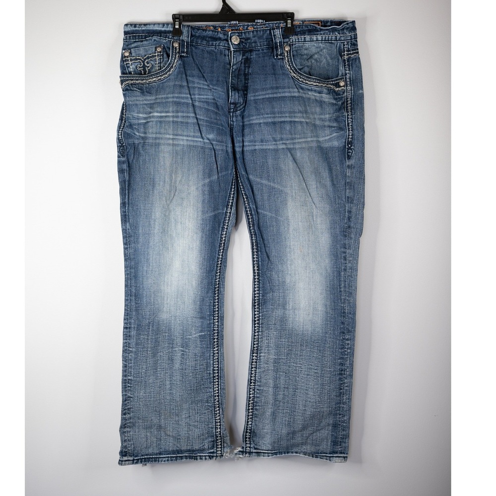 Rock Revival Jeans Mens 42 Blue Fair Distressed Straight Leg Fleur-De-Lis Denim